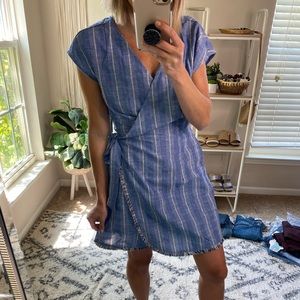 BRAND NEW! Chambray, Striped Wrap-Style Dress, Sleeveless w/ Fringe Raw Edge,(S)